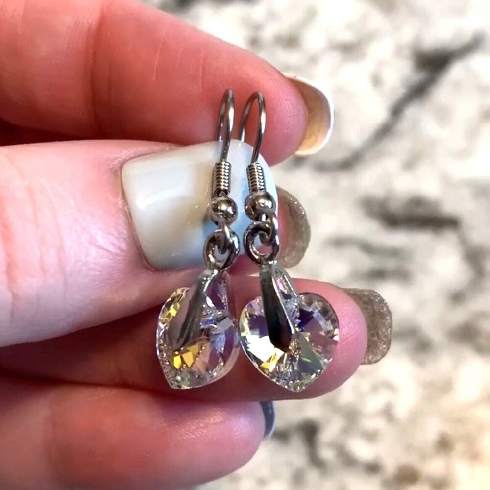 Swarovski Crystal AB Heart Dangle Fish Hook Earrings Silver